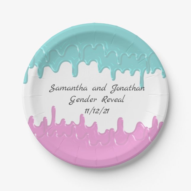 Paint Drips Gender reveal Pink Blue Custom Paper Plates (Front)