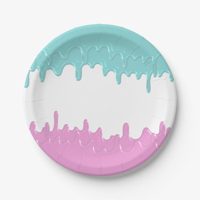 Paint Drips Gender reveal Pink Blue Paper Plates (Front)
