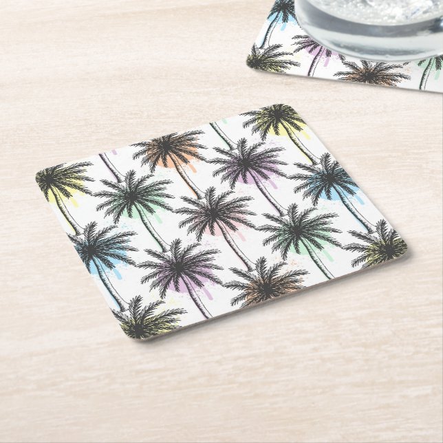Paint Drop Palm Tree Pattern Square Paper Coaster (Angled)