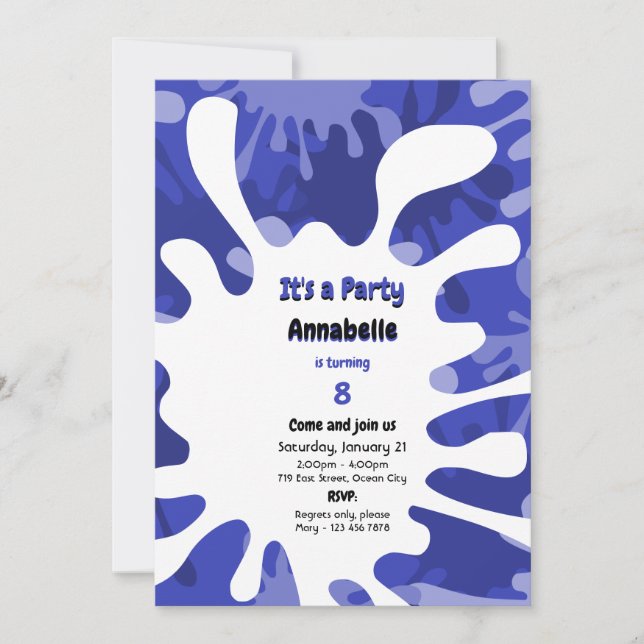 Paint Drops It's A Party Blue Art Birthday Party Invitation (Front)