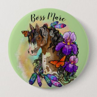 Paint Horse Mustang with Iris and butterflies Button