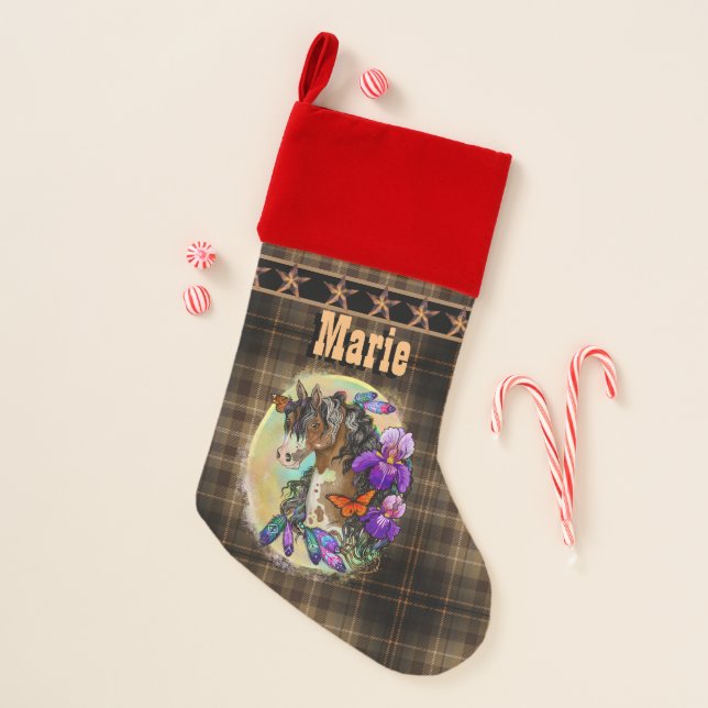 Paint Horse Mustang with Iris and butterflies  Christmas Stocking (Front)