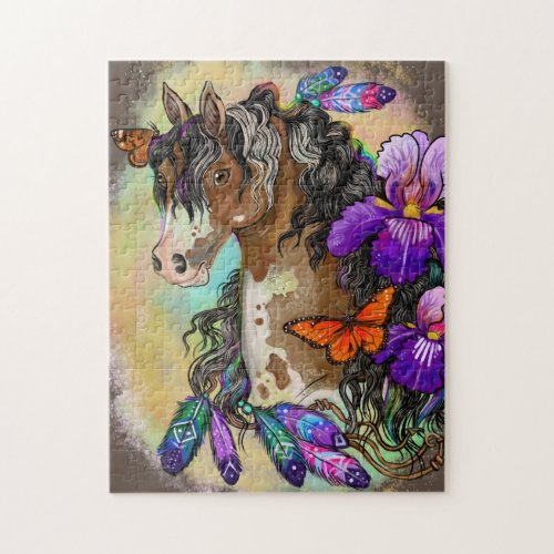 Paint Horse Mustang with Iris and butterflies Jigsaw Puzzle