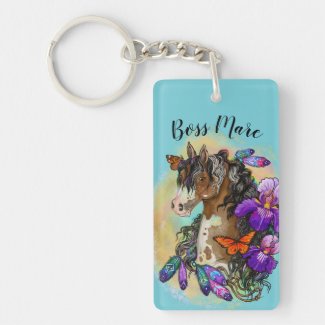 Paint Horse Mustang with Iris and butterflies Keychain