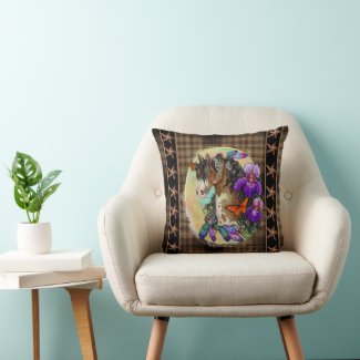 Paint Horse Mustang with Iris and butterflies  Throw Pillow