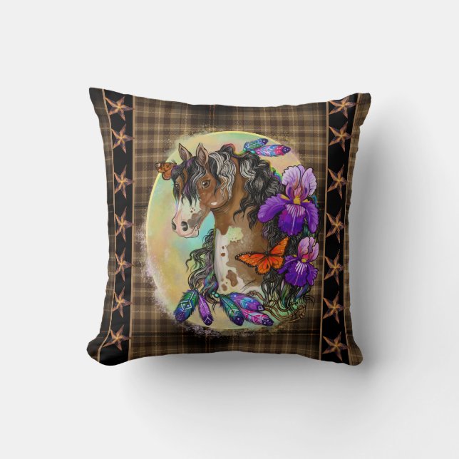 Paint Horse Mustang with Iris and butterflies  Throw Pillow (Front)