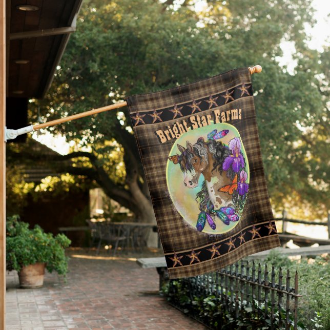 Paint Horse Mustang with Iris Farm House Flag (In SItu)