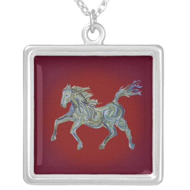 Paint Horse on Red Silver Plated Necklace (Front)