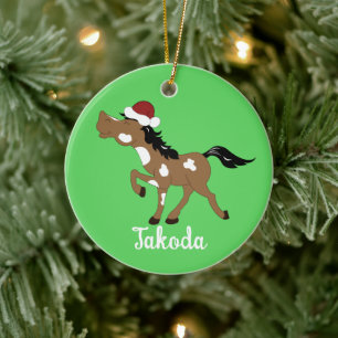 Paint Horse Pinto Equestrian Christmas Santa Hat Ceramic Ornament