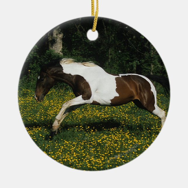 Paint Horse Running in Field of Flowers Ceramic Ornament (Front)