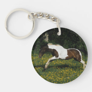 Paint Horse Running in Field of Flowers Keychain
