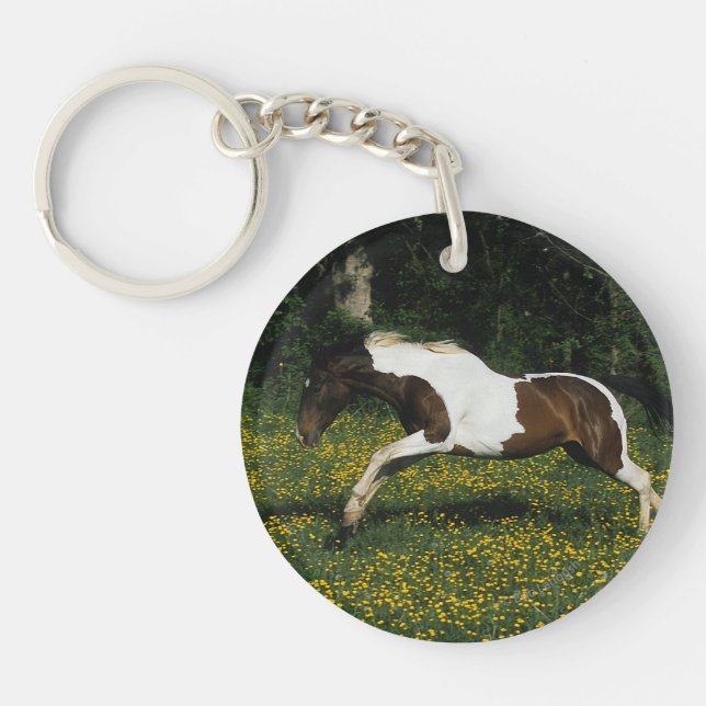 Paint Horse Running in Field of Flowers Keychain (Front)