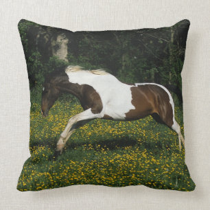 Paint Horse Running in Field of Flowers Throw Pillow