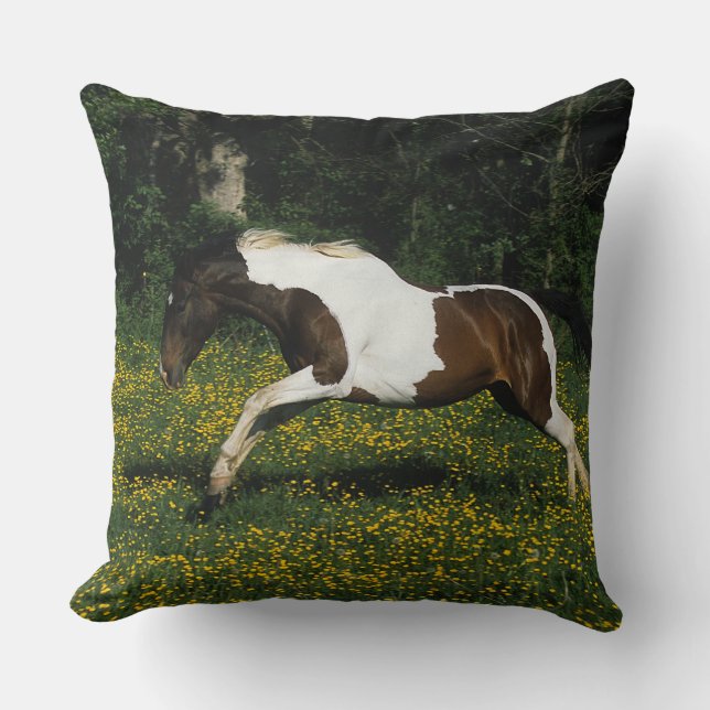 Paint Horse Running in Field of Flowers Throw Pillow (Front)