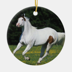 Paint Horse Running in Grassy Field Ceramic Ornament