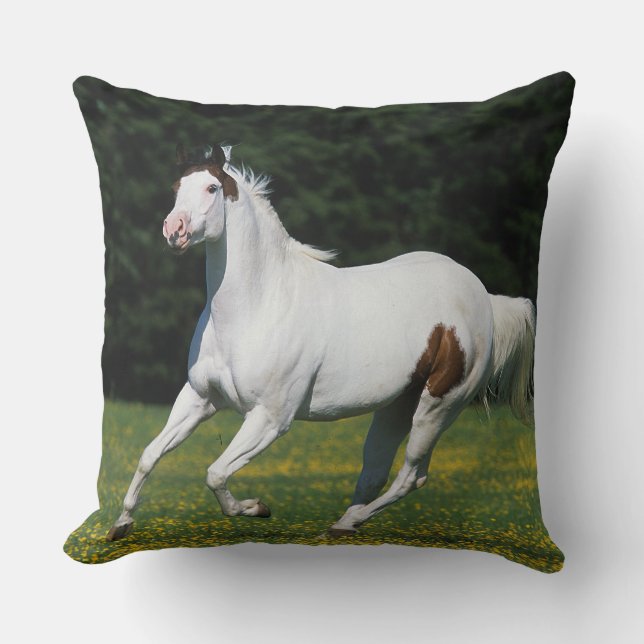 Paint Horse Running in Grassy Field Throw Pillow (Front)
