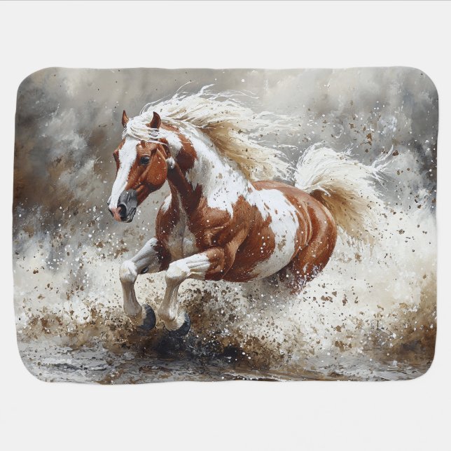 Paint Horse Running Through Water Baby Blanket (Horizontal)
