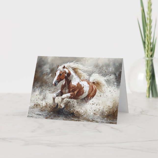 Paint Horse Running Through Water Card (Front)