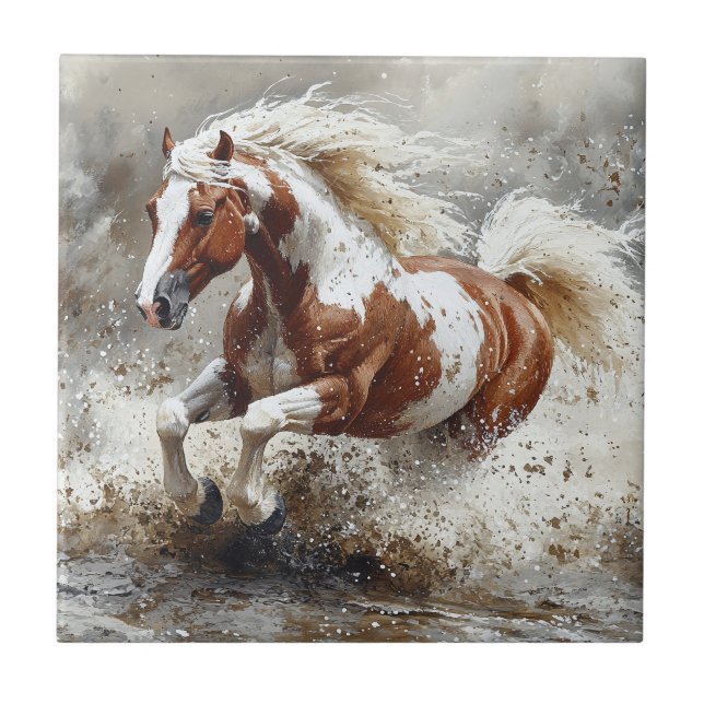 Paint Horse Running Through Water Ceramic Tile (Front)