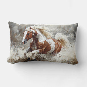 Paint Horse Running Through Water Lumbar Pillow