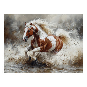 Paint Horse Running Through Water Poster