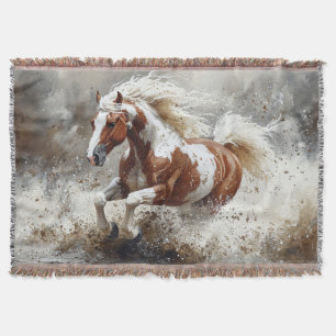 Paint Horse Running Through Water Throw Blanket