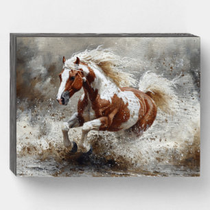 Paint Horse Running Through Water Wooden Box Sign