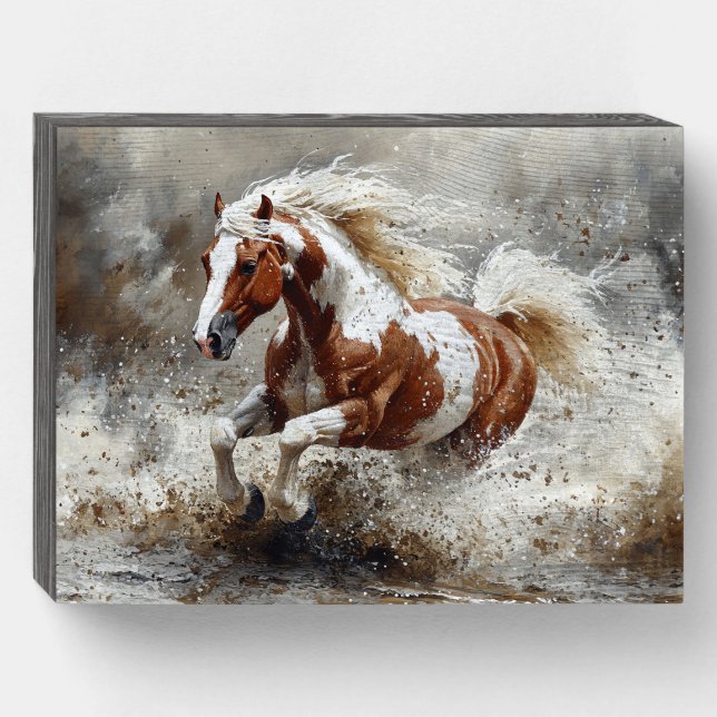 Paint Horse Running Through Water Wooden Box Sign (Front Horizontal)
