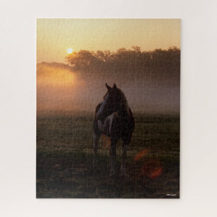 Paint Horse Standing In Mist At Sunrise Jigsaw Puzzle