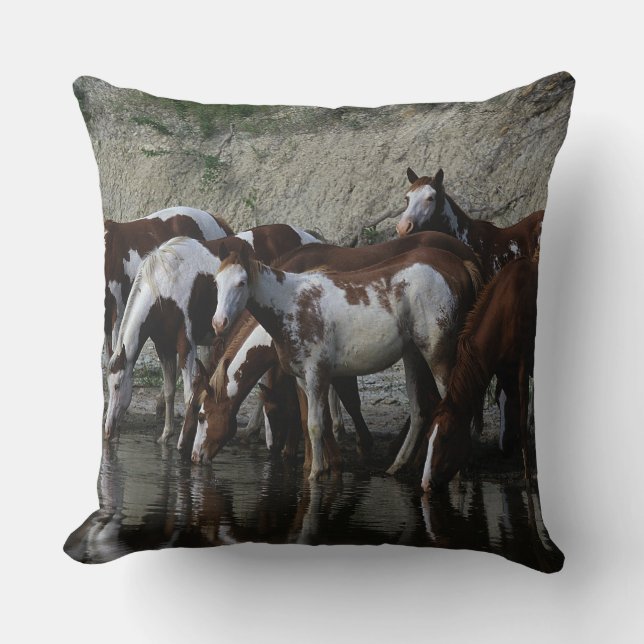 Paint Horses Drinking Throw Pillow (Front)