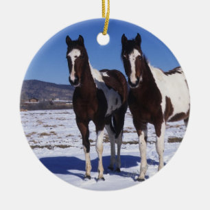 Paint Horses Standing in the Snow Ceramic Ornament
