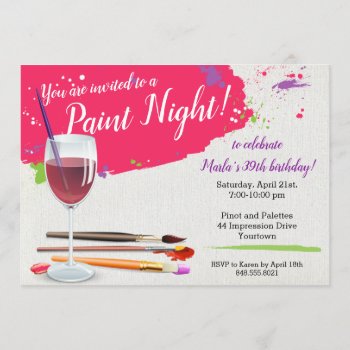 Paint Night  Paint And Sip Wine Glass Canvas Party Invitation by starstreamdesign at Zazzle