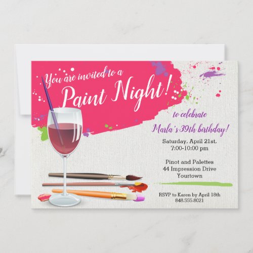 Paint Night Paint and Sip Wine Glass Canvas Party Invitation