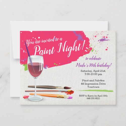 Paint Night Paint and Sip Wine Glass Canvas Party Invitation