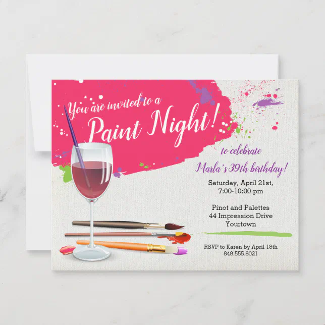 Paint Night, Paint and Sip Wine Glass Canvas Party Invitation | Zazzle