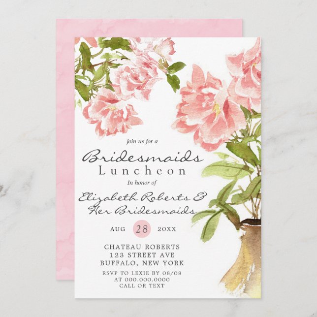 Paint Pink Peony Bridesmaids Luncheon Invites (Front/Back)