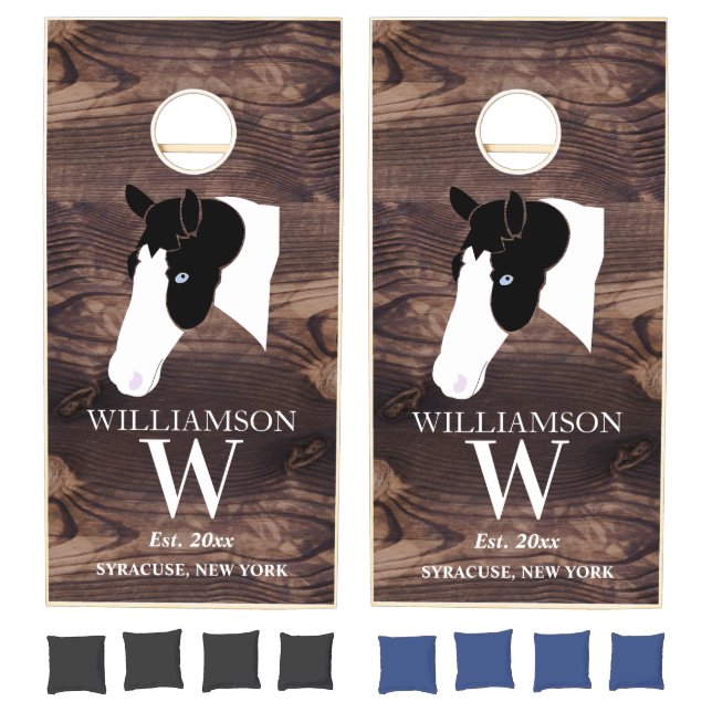 Paint Pinto Horse Equestrian Faux Wood Monogram Cornhole Set (Set)