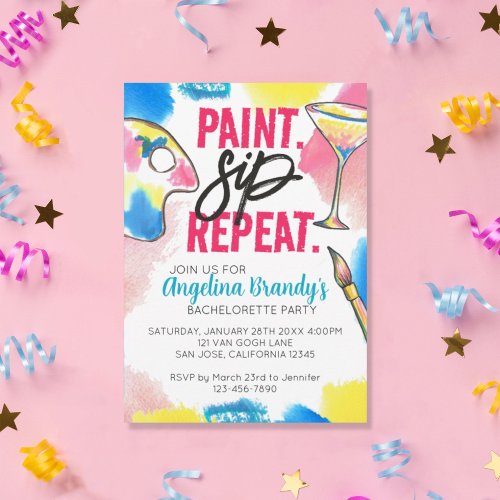 Paint Sip Repeat Bachelorette Art Party Invitation