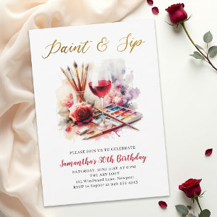 Paint & Sip Wine Art Painting Party 30th Birthday Invitation