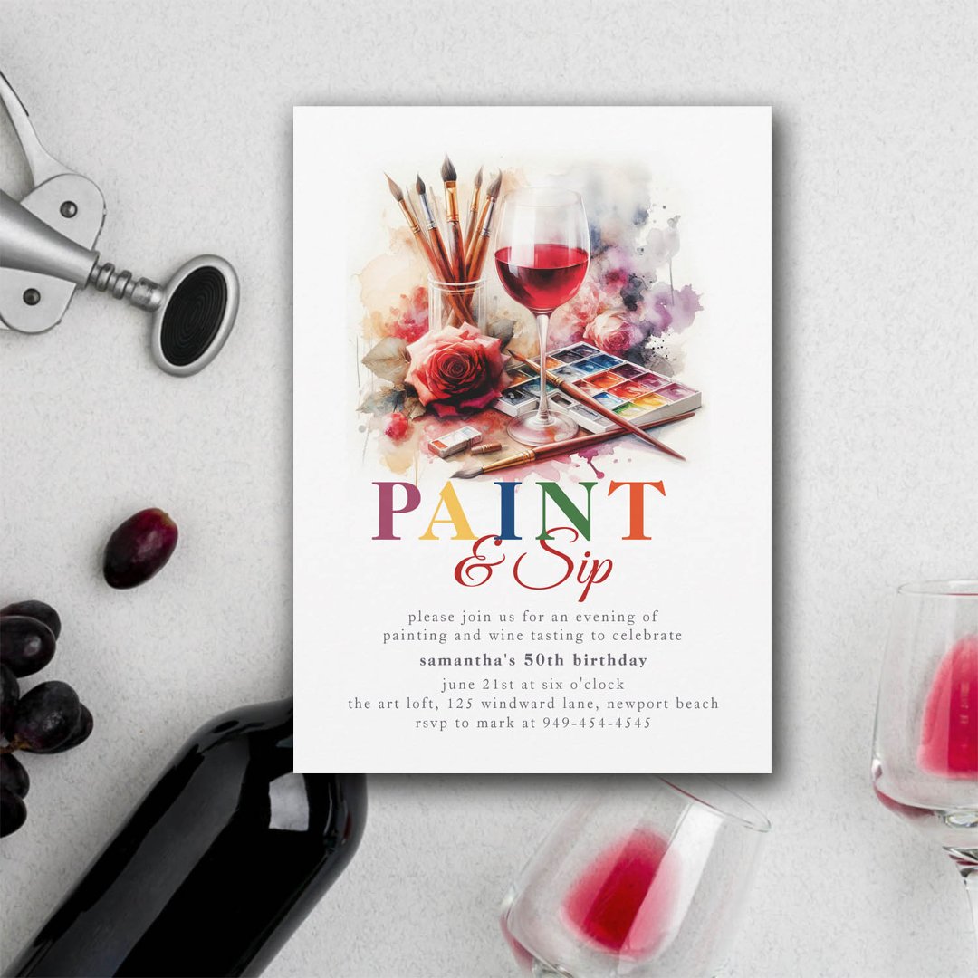 Paint & Sip Wine Art Painting Party 50th Birthday Invitation (paint and sip birthday party 50th women wine winery art painting invitation)