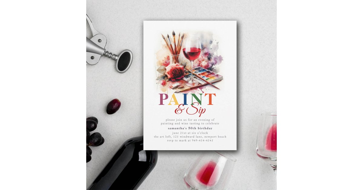 Paint & Sip Wine Art Painting Party 50th Birthday Invitation