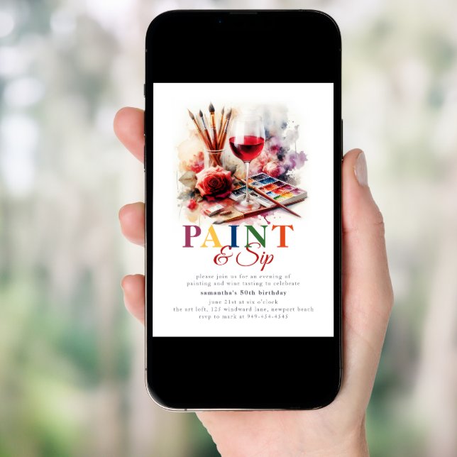Paint & Sip Wine Art Painting Party 50th Birthday Invitation (Front Digital)