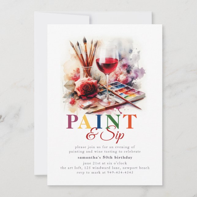 Paint & Sip Wine Art Painting Party 50th Birthday Invitation