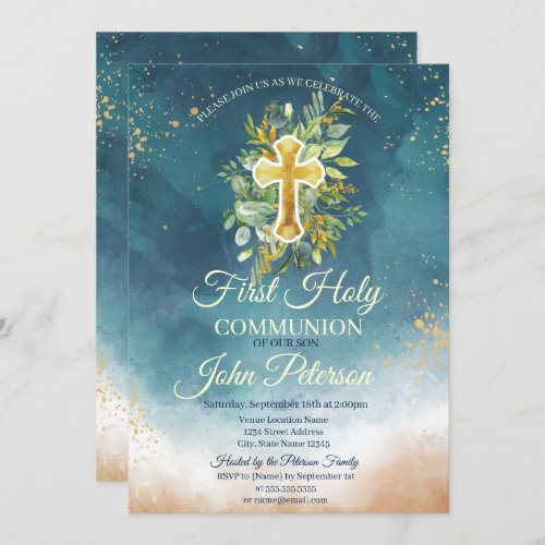  Paint Splash  Floral Cross First Holy Communion  Invitation