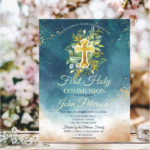 Paint Splash Floral Cross First Holy Communion Invitation