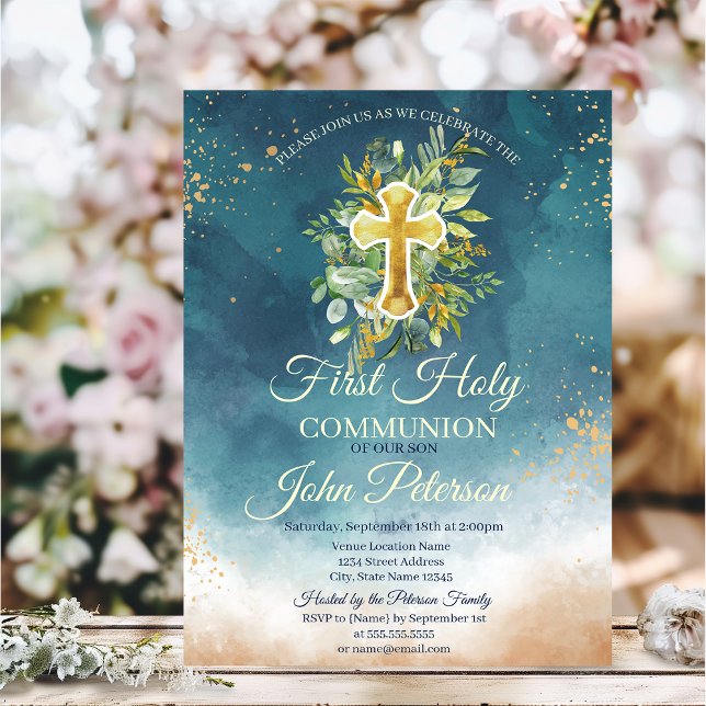  Paint Splash  Floral Cross First Holy Communion  Invitation (Creator Uploaded)