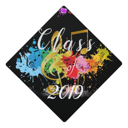 Paint Splashed Colors on Black wMusic Symbols Graduation Cap Topper