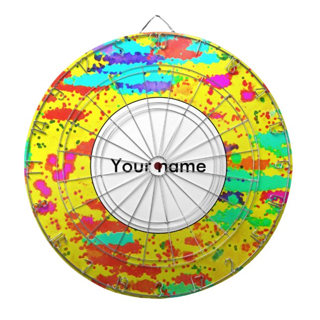 Paint splashes on a yellow background dartboard with darts (Front)