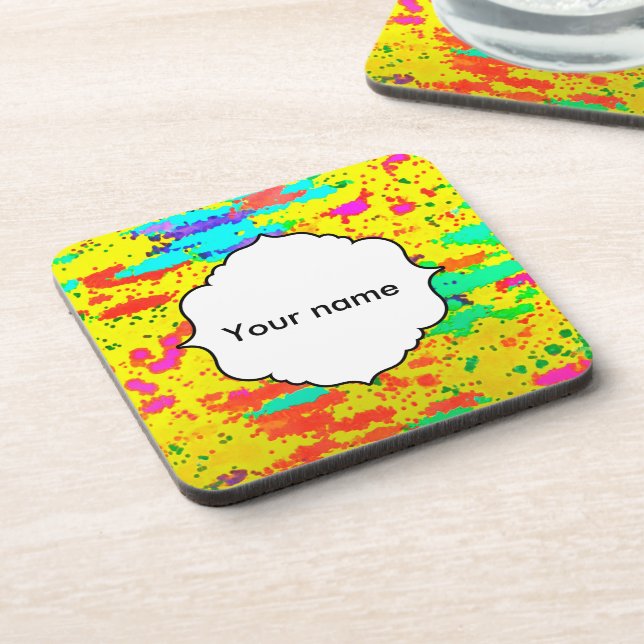 Paint splashes on a yellow background drink coaster (Left Side)