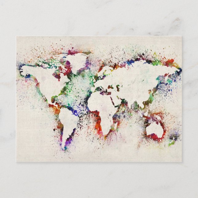 Paint Splashes Text Map of the World Postcard (Front)